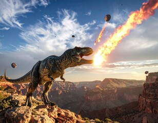 Dinosaur faces falling fireballs over a canyon landscape