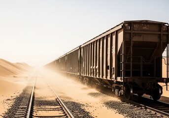 Fototapeta premium Freight train in desert storm with sand whipping against steel wagons, visibility reduced to faint outlines in harsh weather cinematic cargo transport railway scene