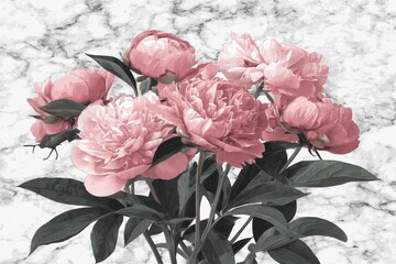 Pastel pink peonies with dark leaves burst forth on a marble background