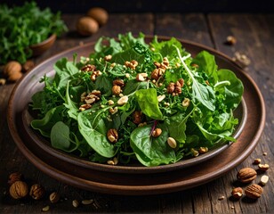 Fresh salad with nuts on dark wood plate and background