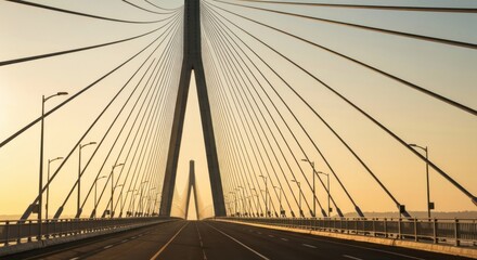 Cable-stayed bridge at dawn.  Perspective of road through bridge
