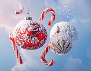 Ornaments, snow, & candy canes dangle against a blue sky