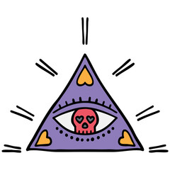 halloween festival. Colorful triangle with an eye and skull, symbolizing mystery. retro trendy groovy halloween illustration in doodle pastel color line style