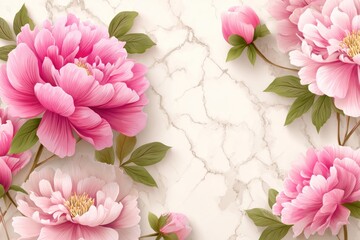 Vivid pink peonies on a light beige, marbled surface, creating a floral, elegant design