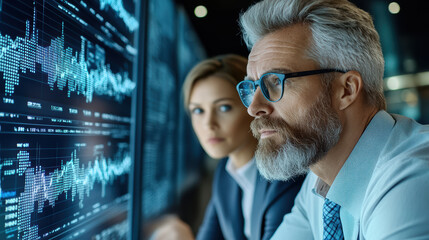 Analysts observing financial data on large screens, focused on market trends and insights