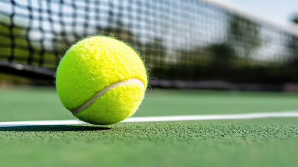 Bright yellow tennis ball rolling on green court near net, capturing essence of game