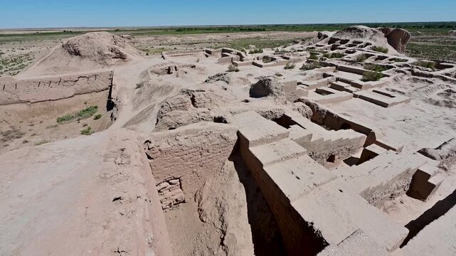 View of the medieval ruins of Toprak Kala castle in Uzbekistan