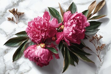 Vivid pink peonies arranged with green leaves and gold accents on marble backdrop