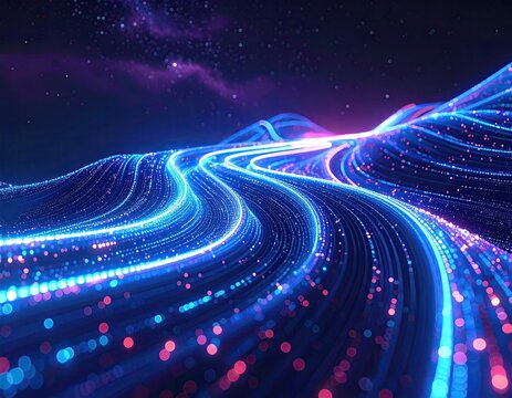Glowing network lines weave through space under starry sky - Powered by Adobe
