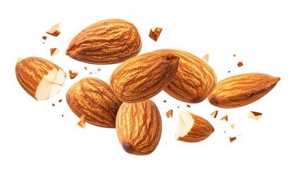 Almonds in motion against white