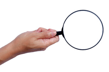 hand holding magnifying glass isolated on white