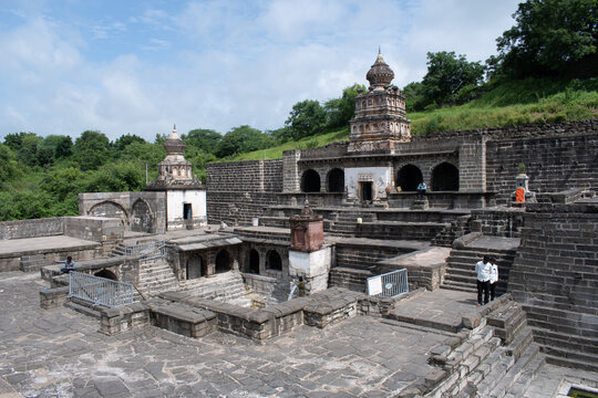 sacred gomukh temple cluster at Lonar with natural water tank, set within the volcanic crater, an important site of worship and heritage