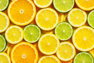 Fototapeta premium Bright citrus fruit slices of lime, lemon, and orange arranged in a colorful pattern on a vibrant background for a fresh summer food concept. Ai generative