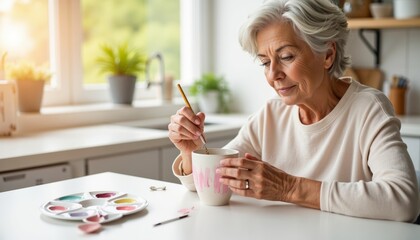 Elderly woman painting ceramic mug at home in bright sunlight  