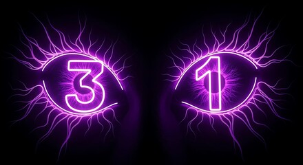 Neon eyes with numbers thirty one abstract purple design