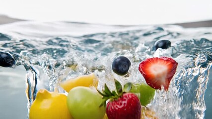 Refreshing fruit splash in crystal water with berries and citrus erupting in slow motion—clean, healthy lifestyle background for beverages, nutrition ads, and summer menu design needing bright juicy i - Powered by Adobe