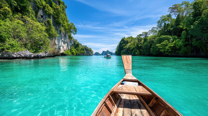 Traditional long tail boat gliding through turquoise waters surrounded by lush greenery