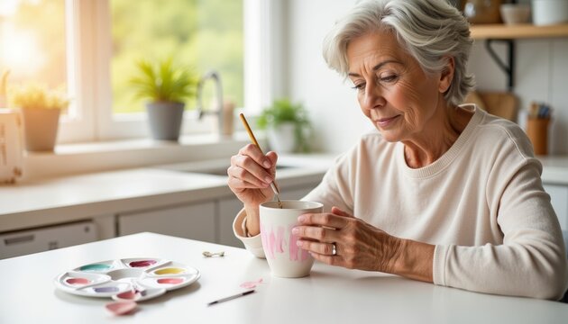 Elderly woman painting ceramic mug at home in bright sunlight