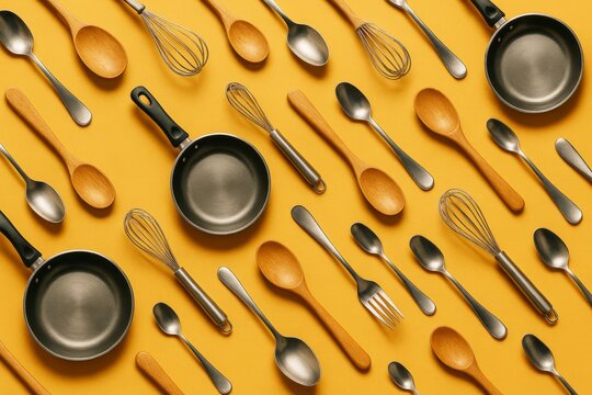 Assorted kitchen utensils arranged in a seamless pattern on yellow background with light shadows creating a modern abstract culinary concept. Ai generative - Powered by Adobe
