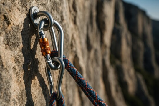 Close-up of climbing carabiner and rope secured to rock wall