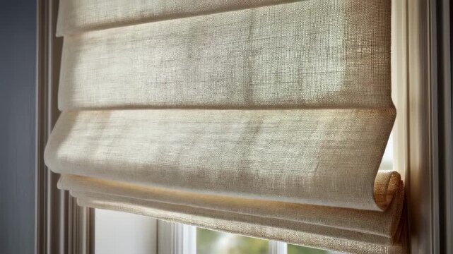 Closeup medium shot of elegant Roman shades partially raised showcasing fabric texture in sharp focus while surrounding room details fade out.