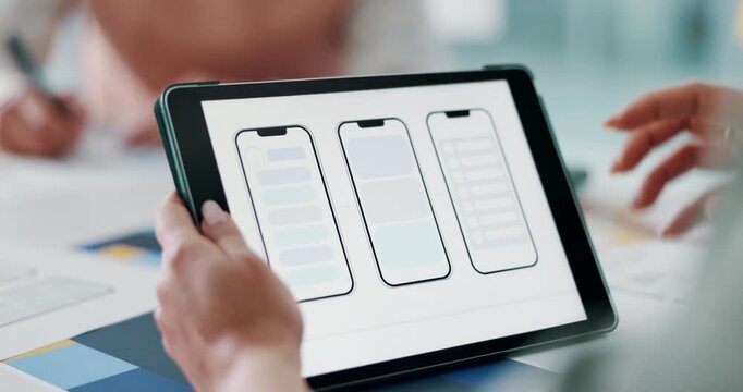 Hands, business and woman with tablet in meeting for ux design, ui layout and interface planning. People, explain and digital screen with wireframe for user experience, review template and feedback