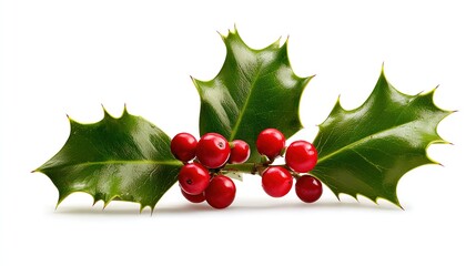 Christmas holly branch with berries, vibrant red and green, on white background, close up, copy space
