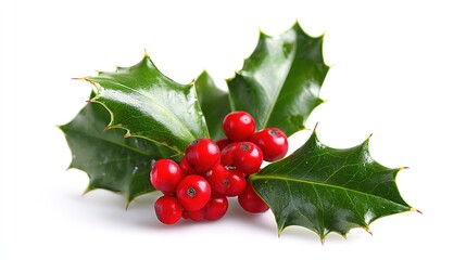 Christmas holly berries and leaves, vibrant red and green, on white background, close up, copy space