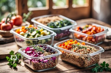 Fototapeta premium fresh vegetables in a market, Glass containers are filled with colorful fruit and grain salads, arranged on a wooden surface. 