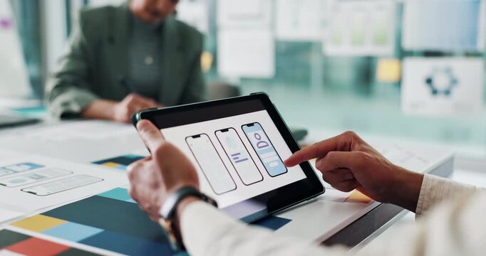 Business, person and tablet in meeting in office with ux design, ui layout and interface planning. People, explain and digital screen with wireframe for user experience, review template and feedback