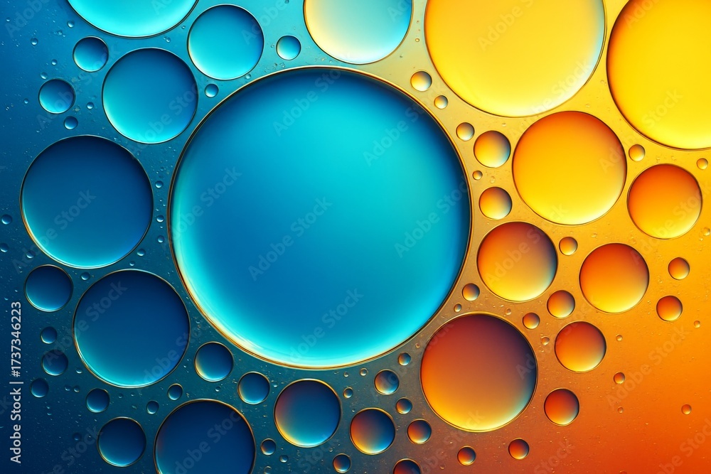 Wall mural abstract circular shapes in vibrant blue and orange tones on dark background, showing light refracti