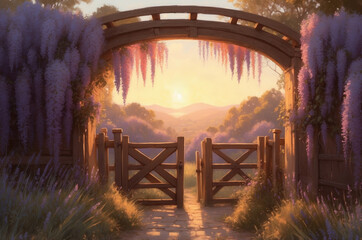 Obraz premium sunset in the forest, A picturesque wooden gate adorned with lush wisteria vines, their purple blooms cascading gracefully over the arch. 