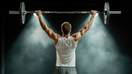 Naklejka premium Weightlifter raising barbell overhead dramatic lighting, showcasing strength and determination