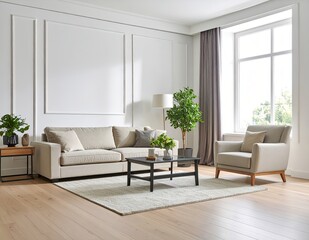 Fototapeta premium Bright and contemporary living room interior showcasing a stylish beige sofa, comfortable armchair, and elegant decor, perfect for modern home living and relaxation