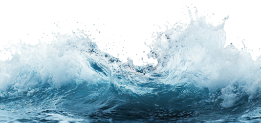 Powerful sea wave in motion with drops, isolated on transparent cutout background
