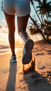 A woman runs along the beach at sunset, with palm trees silhouetted in the background. The soft golden light bathes the scene, highlighting the details of the sand, shoes, and moving form.