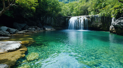 Naklejka premium Cascading waterfall flowing into serene emerald pool surrounded by lush greenery