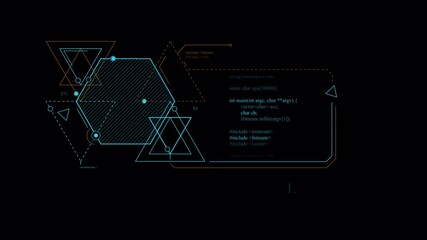 Futuristic Tech Interface: Code, Geometry, and Data Visualization on Black Background - Powered by Adobe