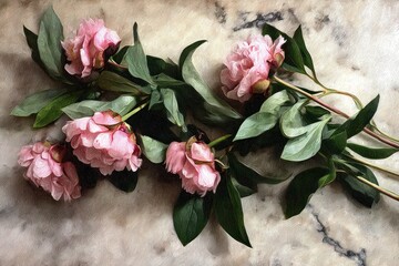 Pink peonies with deep green leaves arranged on a textured, neutral-toned surface