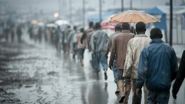 Refugees Walking in the Rain, Seeking Shelter and Aid, Showing Desperation, Poverty, and the Plight of Displaced People in a Humanitarian Crisis