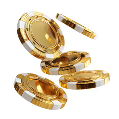 Golden casino chips flying, isolated on transparent cutout background