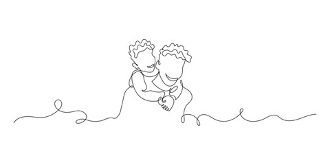 Continuous Single line drawing Happy Fathers Day holiday card. Son hug dad from back.