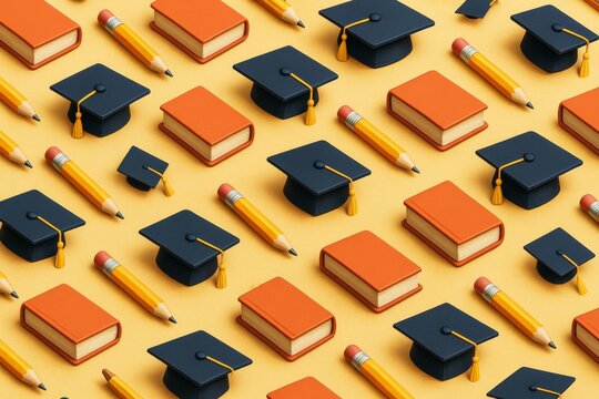 Graduation caps, books, and pencils arranged in seamless academic pattern on light background for education and knowledge concept design. Ai generative
