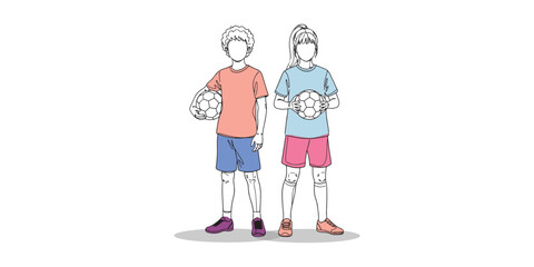 Minimal line art and flat color illustration of a boy and a girl holding soccer balls, wearing sports uniforms. Concept of children playing football