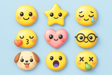 Cute cartoon emoji collection with heart, star, dog, and expressive faces on soft blue background for fun abstract graphic design concept. Ai generative