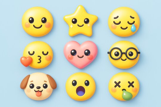 Cute cartoon emoji collection with heart, star, dog, and expressive faces on soft blue background for fun abstract graphic design concept. Ai generative - Powered by Adobe