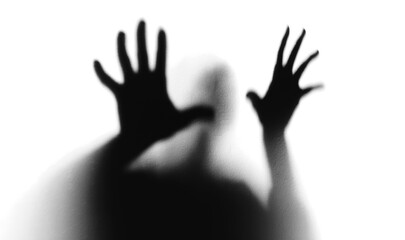 Scary silhouette of person with hands against surface, isolated on transparent cutout background