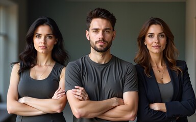 Three individuals - a man and two women - stand next to one another, arms crossed, conveying a serious expression as they gaze into the camera. High quality