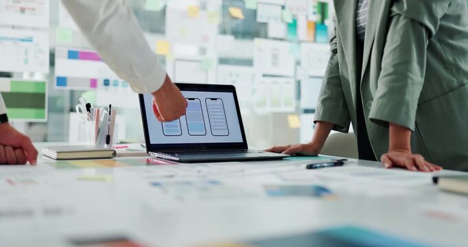 Hands, business and people with laptop in meeting with ux design, ui layout and interface planning. Staff, explain and pc screen with wireframe for user experience, review template and team feedback
