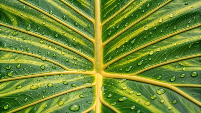 Closeup of a vibrant green leaf with yellow veins and water droplets after rain - Powered by Adobe